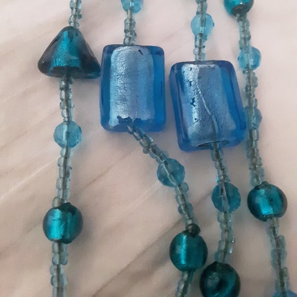 Blue Glass Bead Long Necklace Varid Blue Blue/Green Stones - Picture 4 of 8